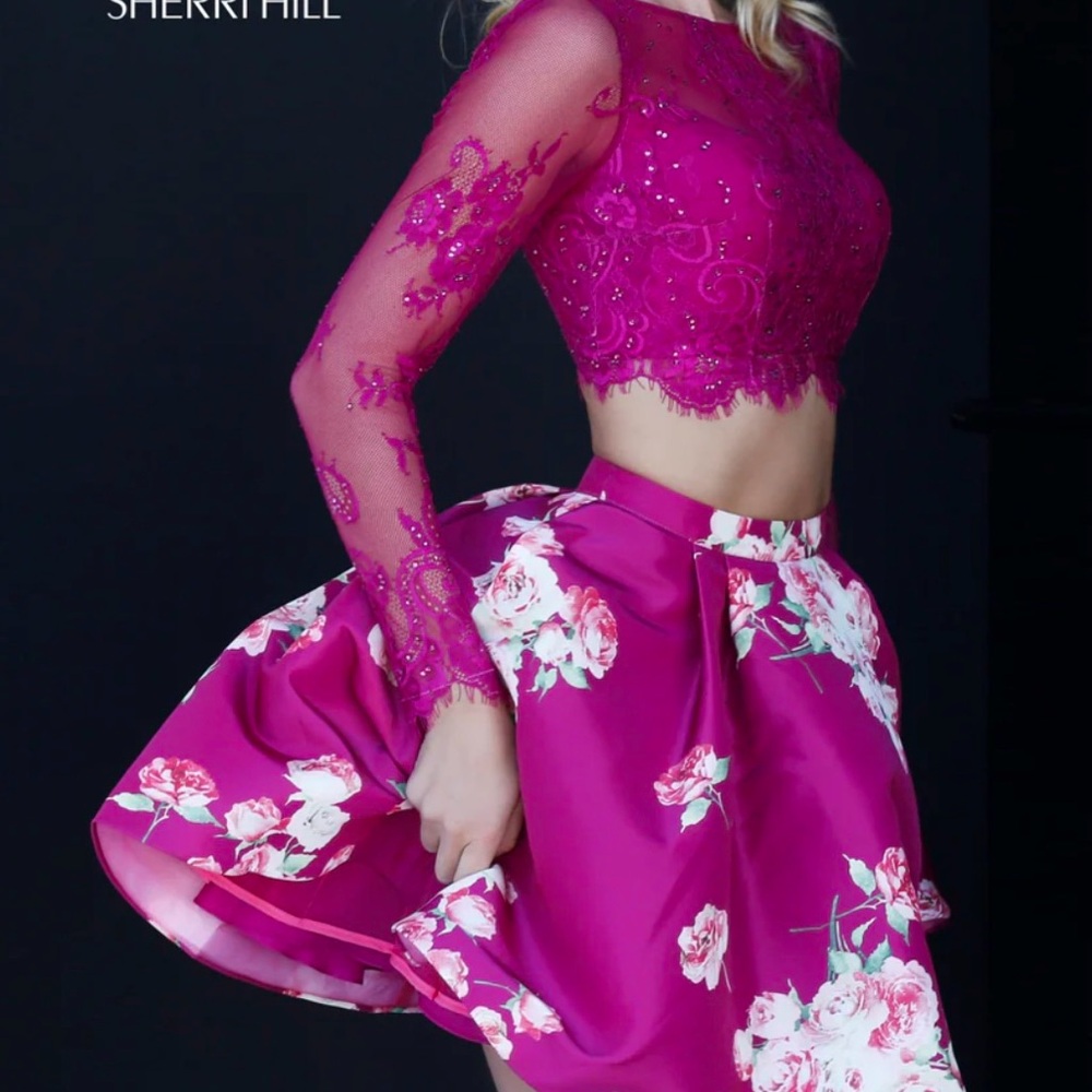 Sherri Hill Fuchsia and White Floral Two-Piece Dress